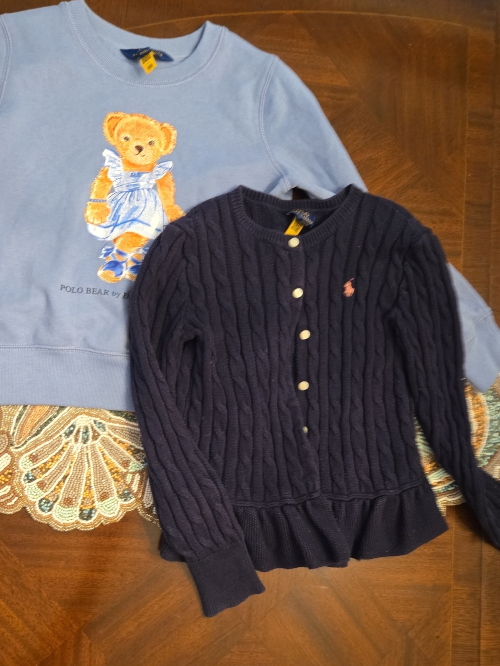 "2" Ralph Lauren Navy Cable-Knit Cardigan with Pink Pony Embroidery And Sweatshi